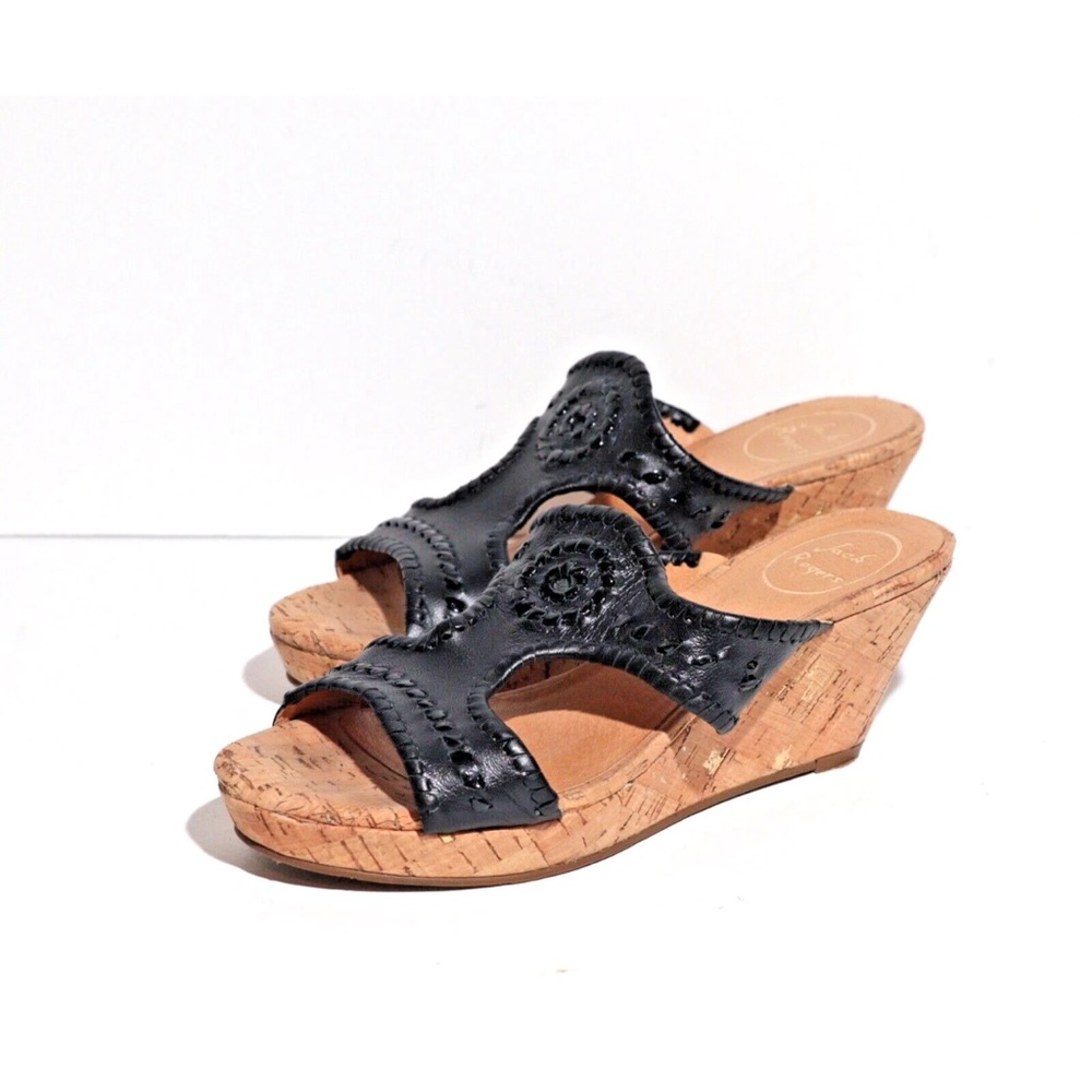 Jack Rogers Wedge Sandals Women 8 Black Platform Cork Gold Mules